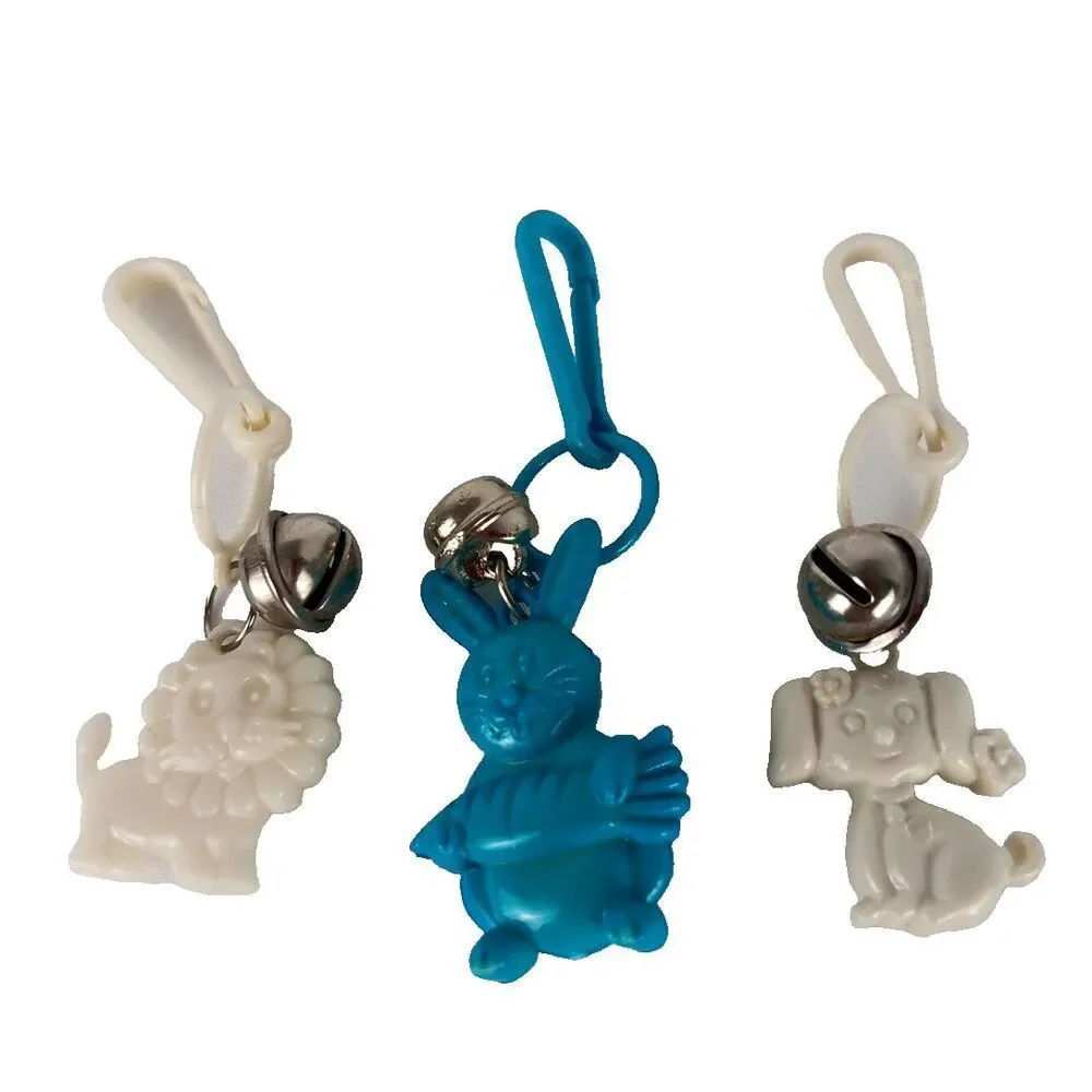 1980s Bell Charms Lion Rabbit Puppy White and Blue Lot Loose Played With Toys